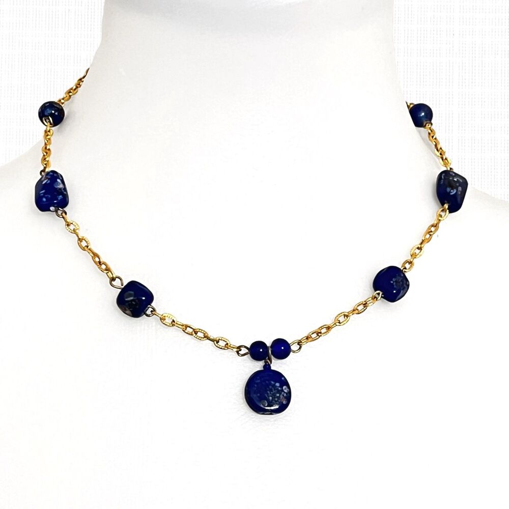 Vintage Pendant Necklace Blue Art Glass Speckled Beads Gold Tone Chain Handmade